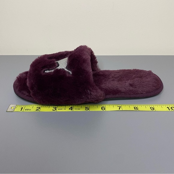 Pink Victorias Secret Slippers Purple Fuzzy Slides Silver Dog Logo Medium SZ 7-8 - Picture 5 of 9